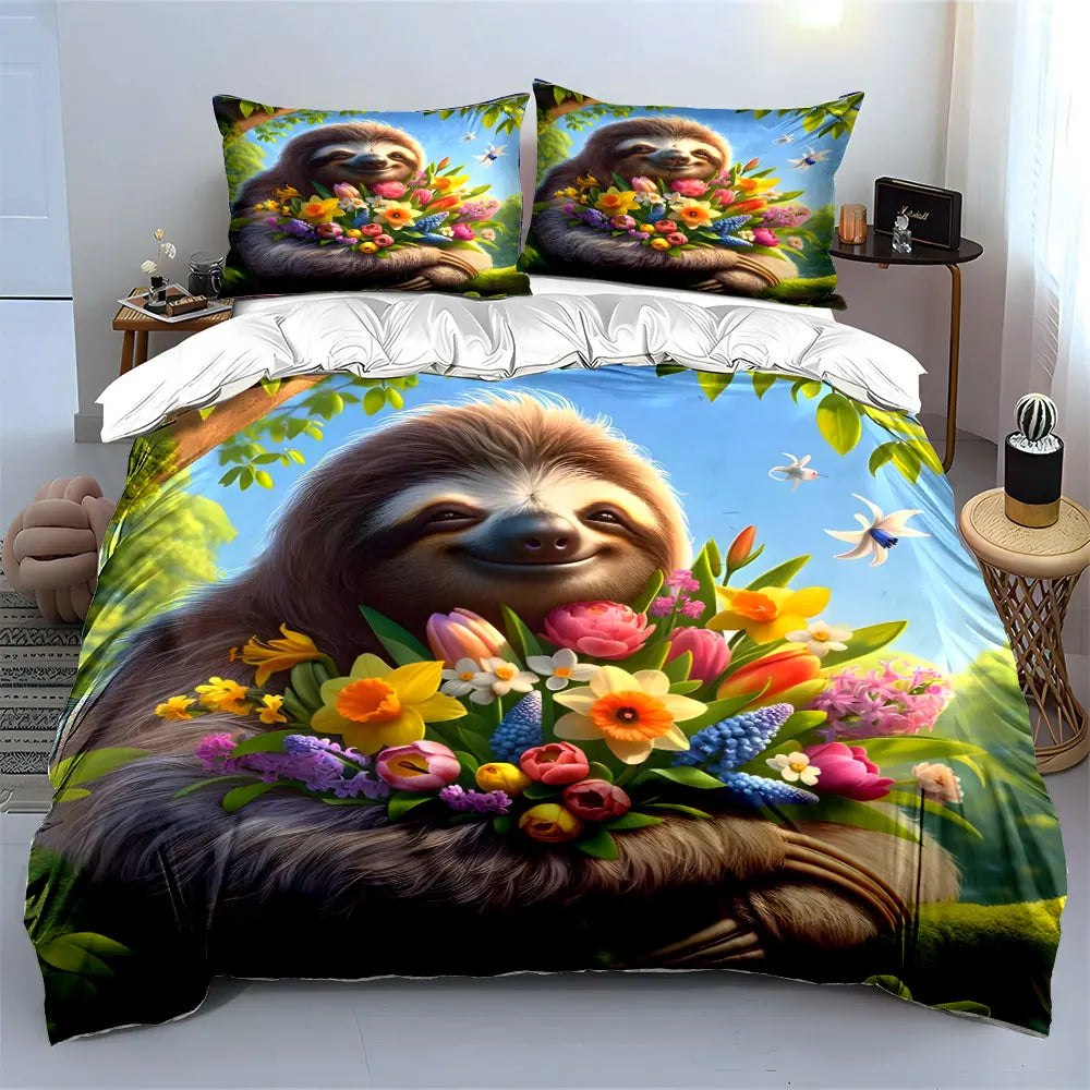 Sloth With Vibrant Bouquet Duvet Cover Set