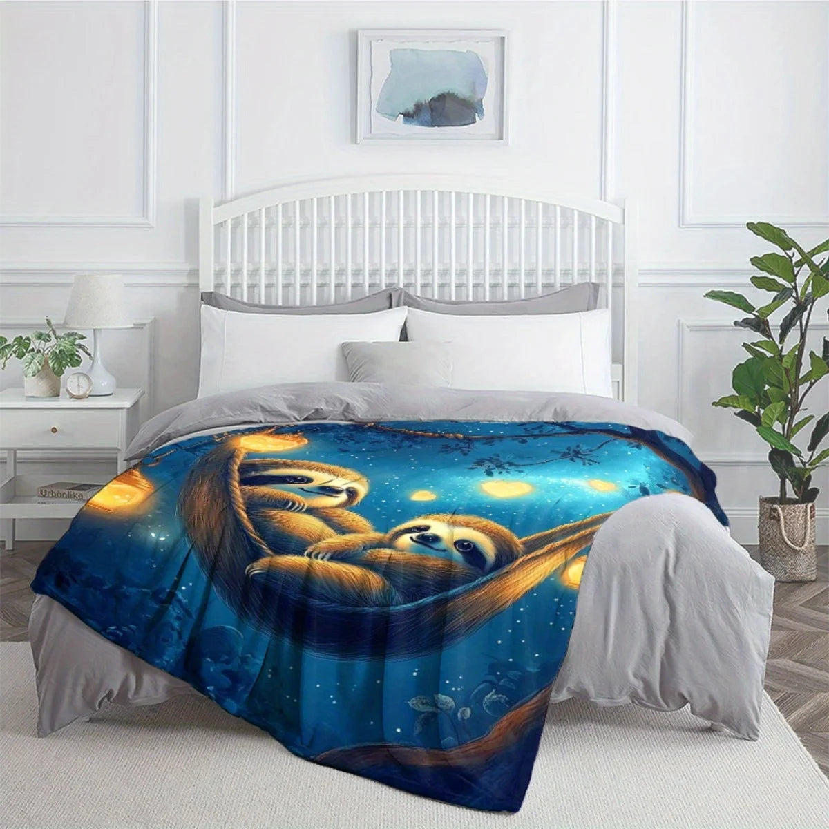 Sloth Couple In Hammock & Lanterns Night Sky Blanket