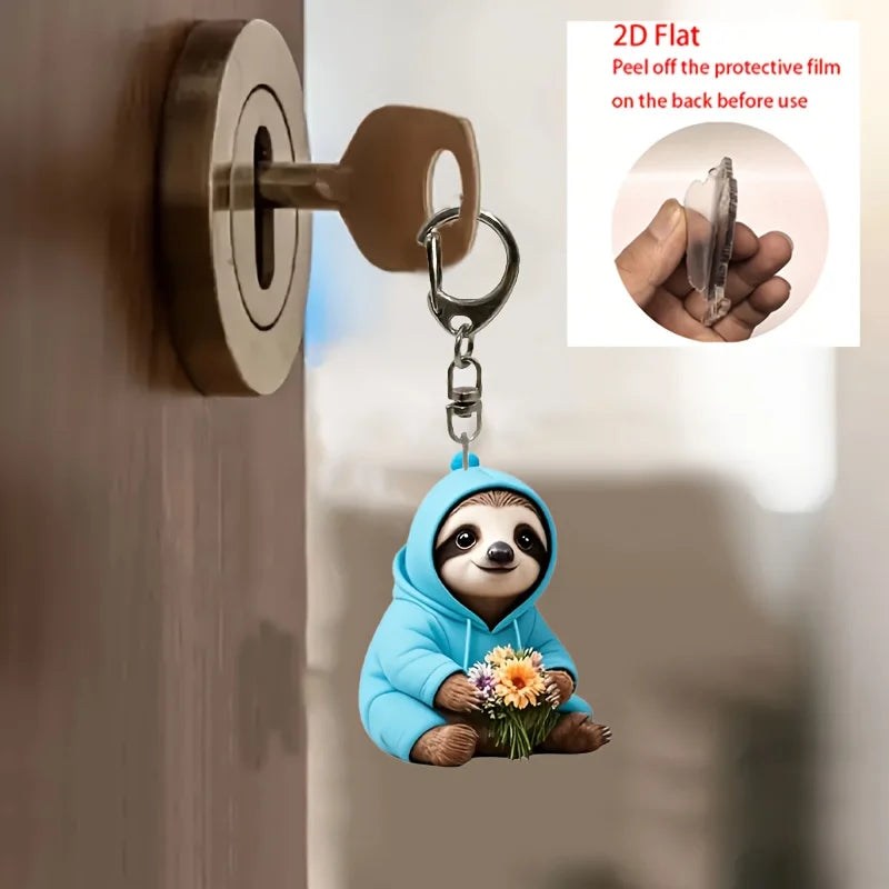 2D Sloth In Hoodie With Flowers Keychain