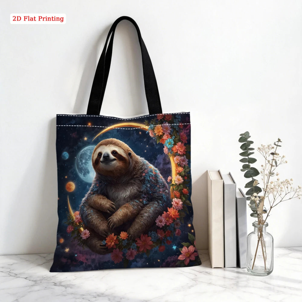 Blue Starry Sky Sloth & Floral Tote Bag