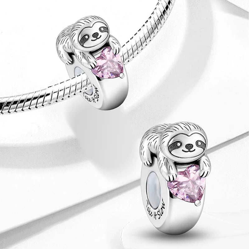 Sterling Silver Sloth With Pink Heart Bead Charm