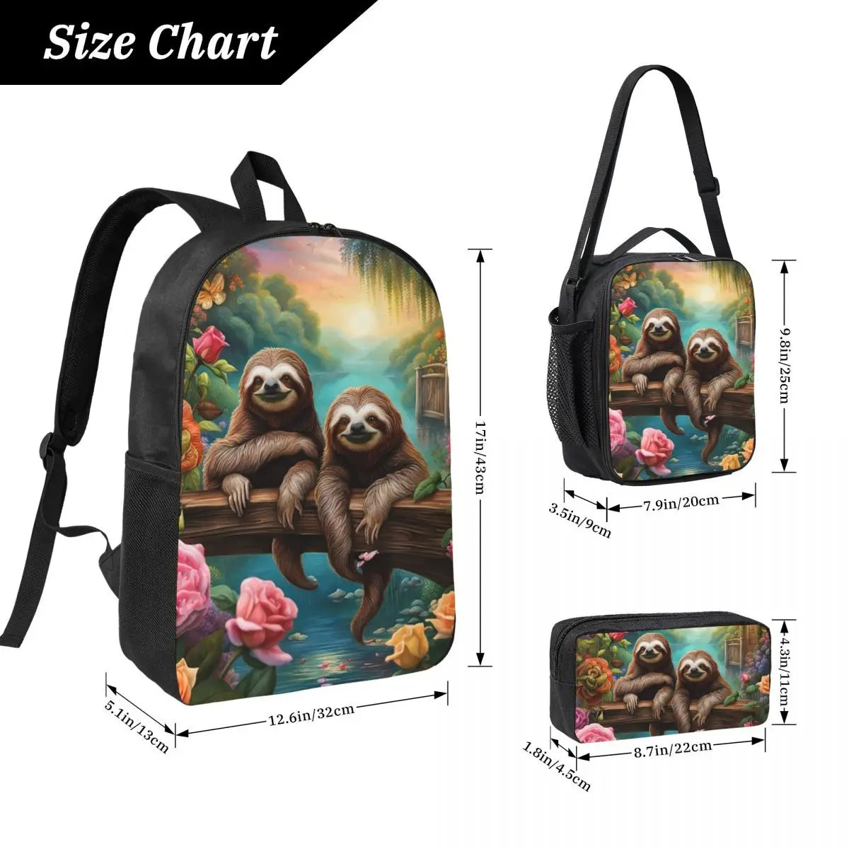 Tranquil Sloth Scene Backpack, Lunch Bag & Pencil Case Set