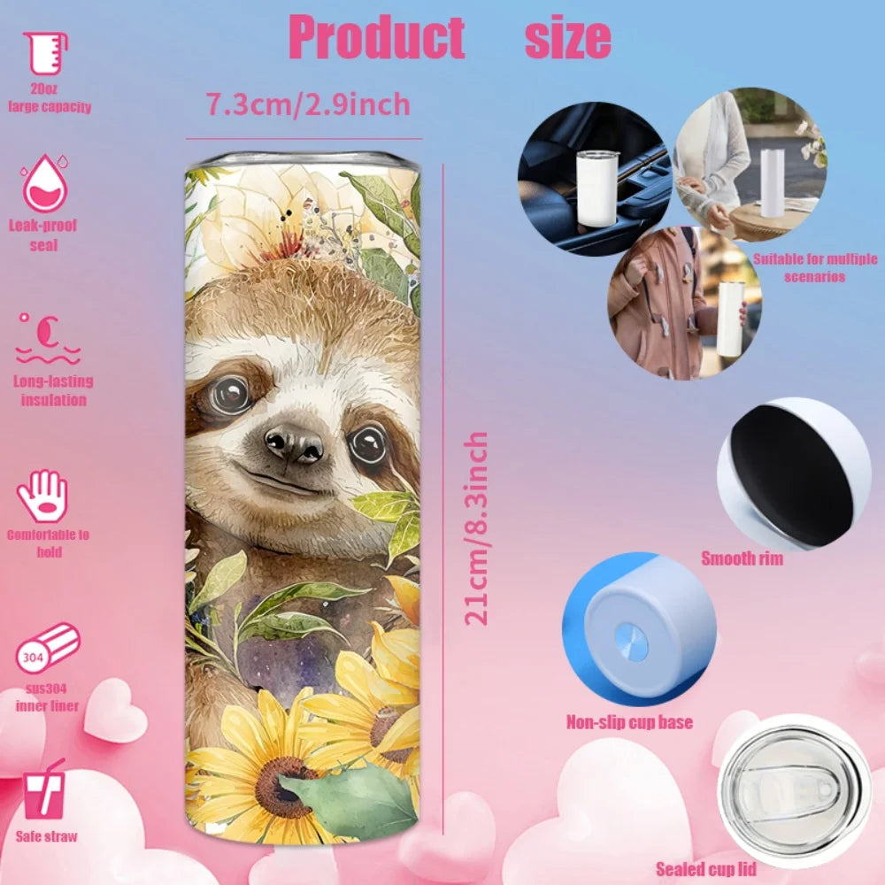 Sloth Sunflower Tumbler With Straw and Lid