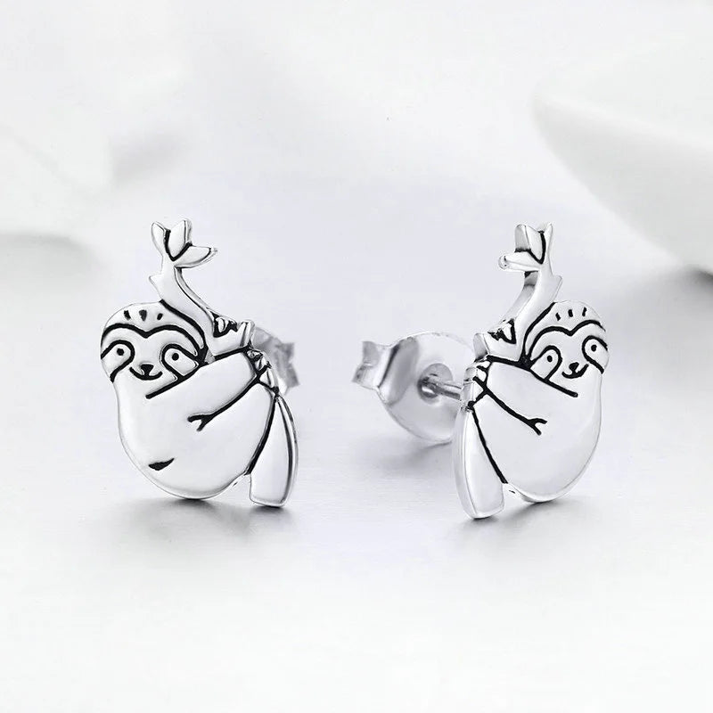 Silver Plated Sloth Stud Earrings