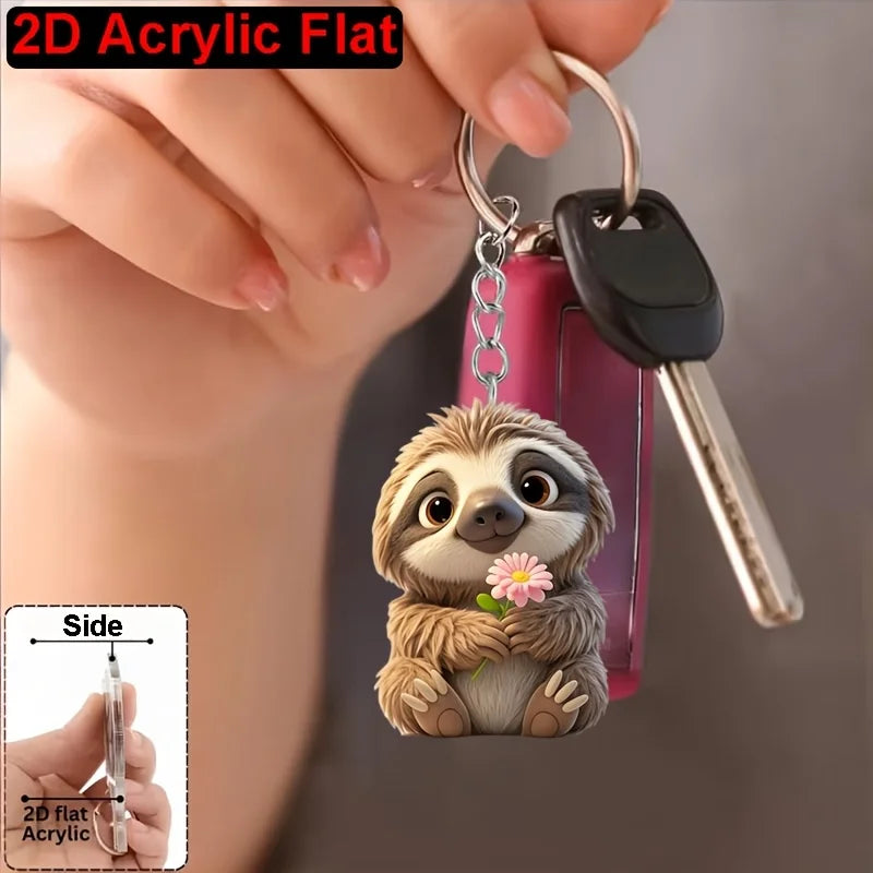 Sloth With Bouquet Of Flowers Keychain