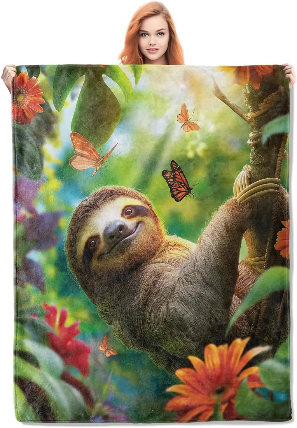 Sloth with Butterflies & Flowers Blanket