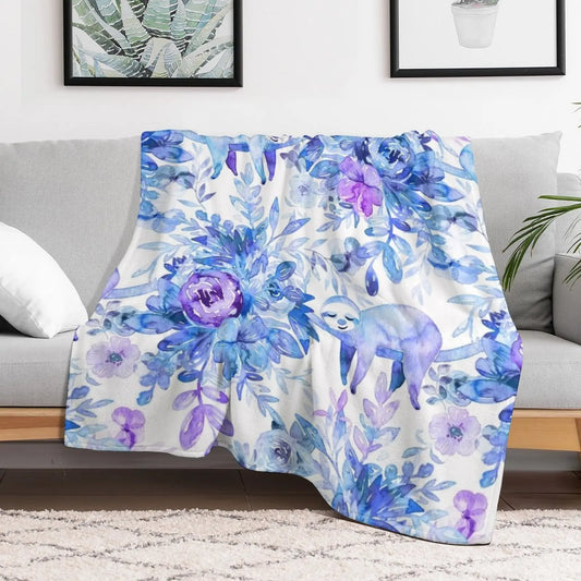 Sleepy Sloths in Purple Plants Throw Blanket