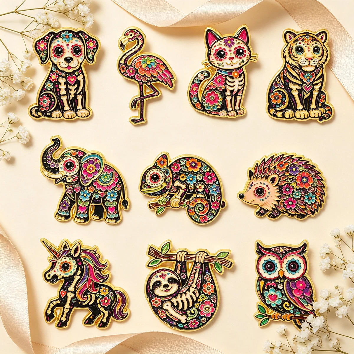10 Piece Mexican Floral Skeleton Pin Badges