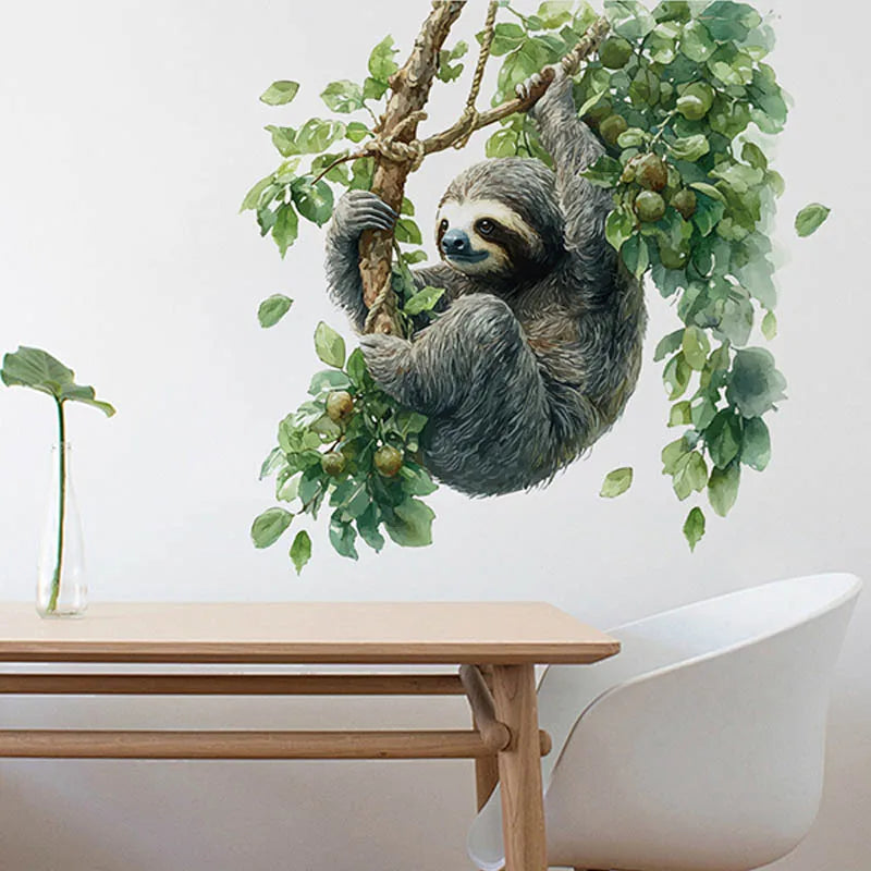 Sloth On Tree Branch With Leaves Wall Sticker