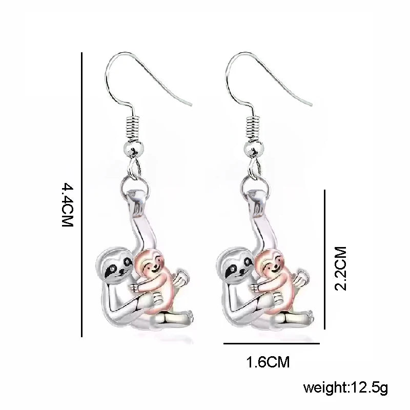 Two-Tone Sloth Mom and Baby Pendant & Earrings Set