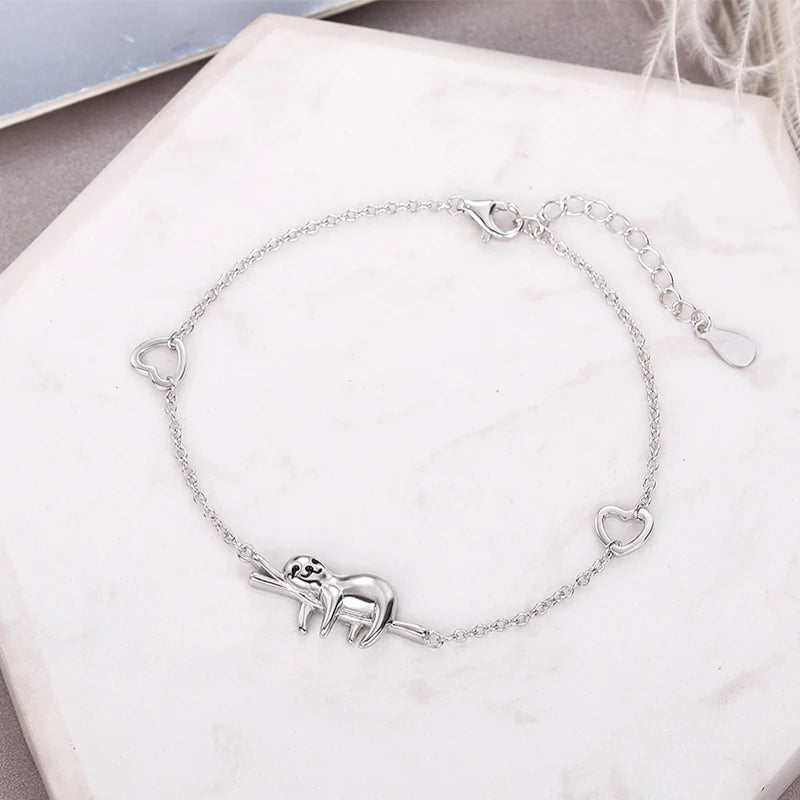 Sterling Silver Sloth On A Branch with Hearts Bracelet
