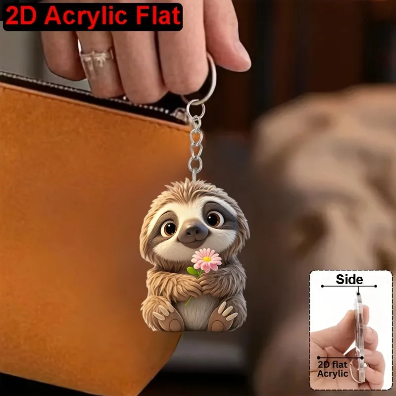 Sloth With Bouquet Of Flowers Keychain