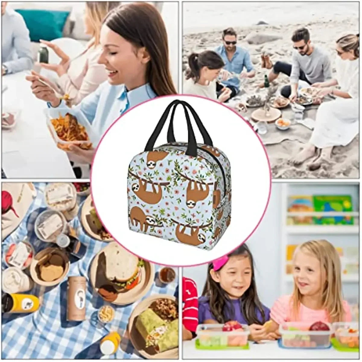 Cute Sloth Lunch Box for Kids Girls, Cartoon Animal Flower Trees Insulated Lunchbox Bento Tote Bag for Teens Back