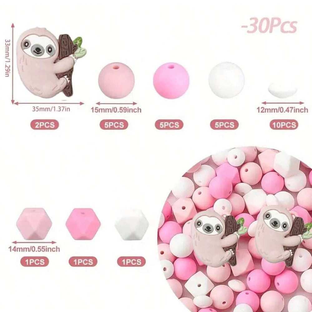 10/30/53 Piece Sloth Silicone Bead Set To Make Keyrings