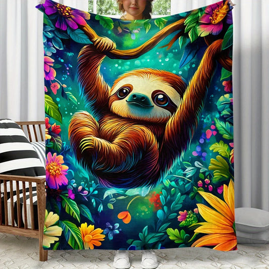 Sloth Hanging With Tropical Flowers Blanket