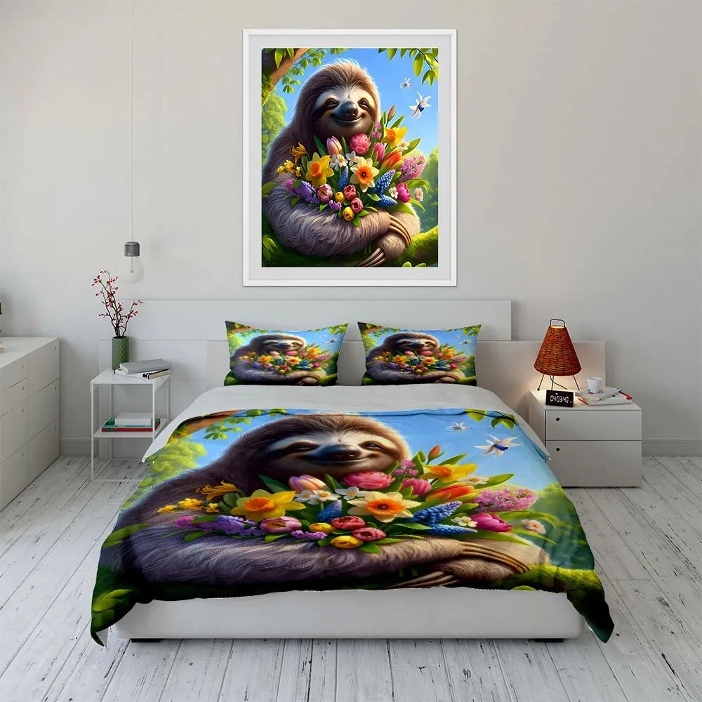 Sloth With Vibrant Bouquet Duvet Cover Set