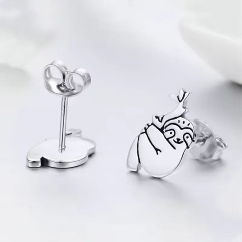 Silver Plated Sloth Stud Earrings