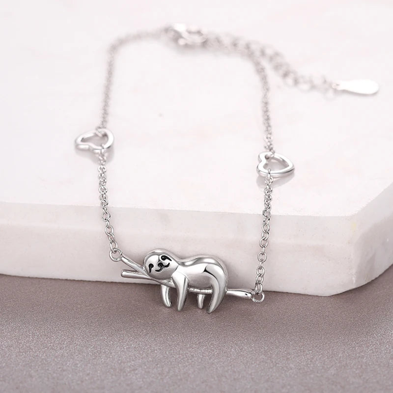 Sterling Silver Sloth On A Branch with Hearts Bracelet