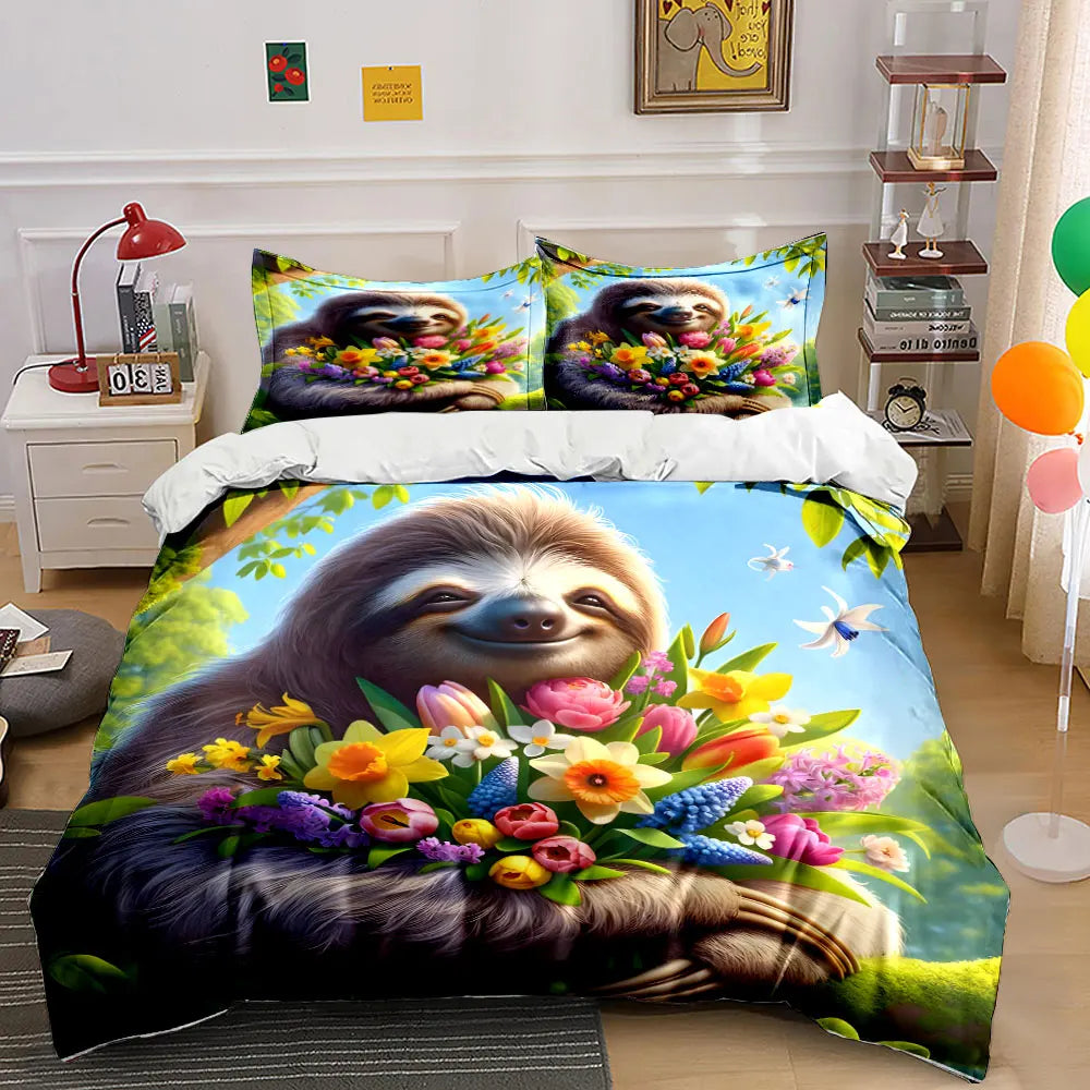 Sloth With Vibrant Bouquet Duvet Cover Set