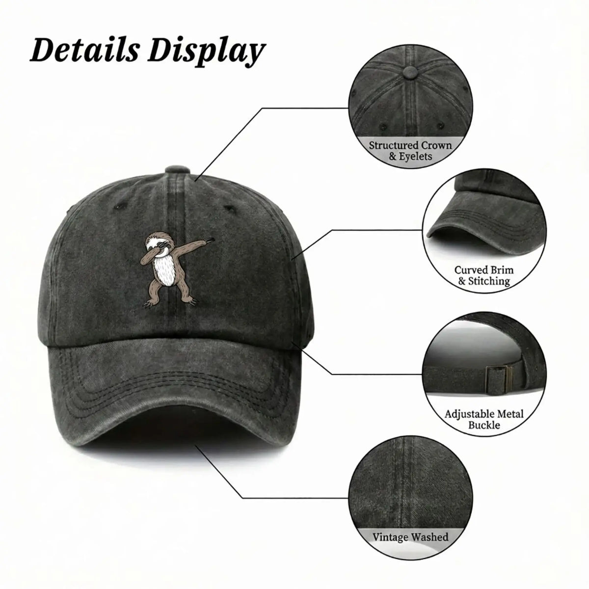 Dabbing Sloth Vintage Washed Baseball Cap product photo 3