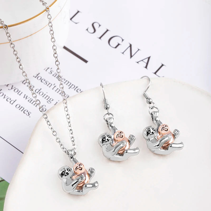Two-Tone Sloth Mom and Baby Pendant & Earrings Set