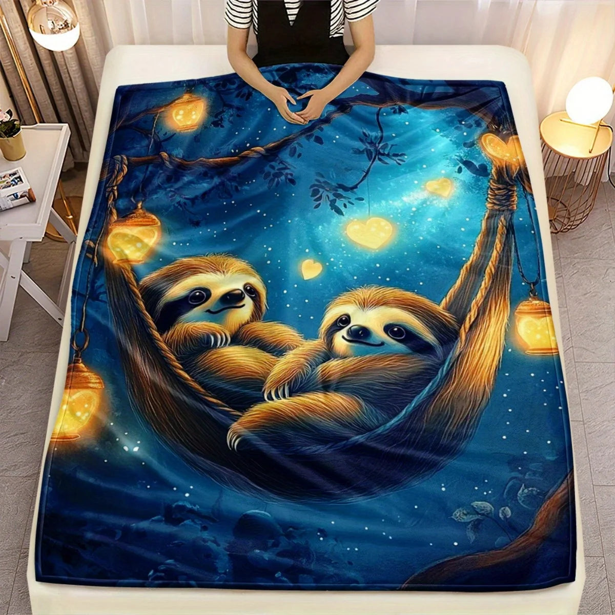 Sloth Couple In Hammock & Lanterns Night Sky Blanket