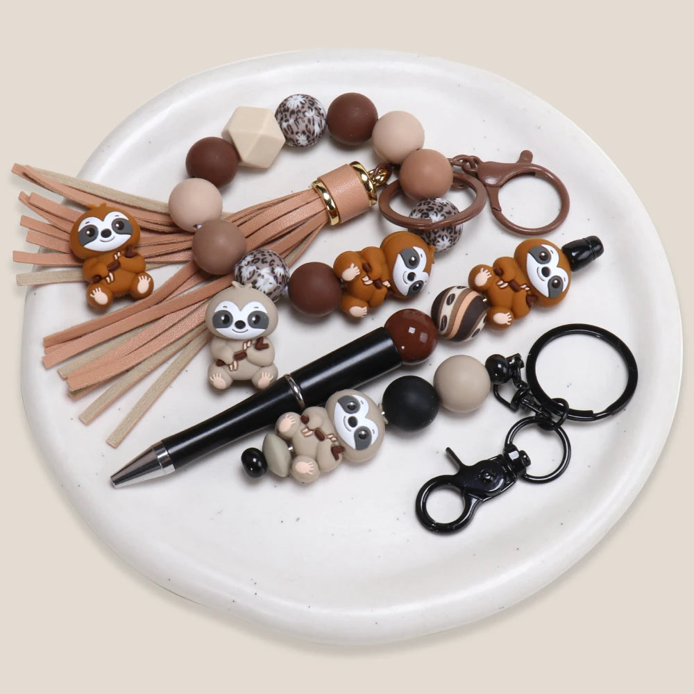 5 Piece Cute Sloth 3D Silicone Beads Keychain