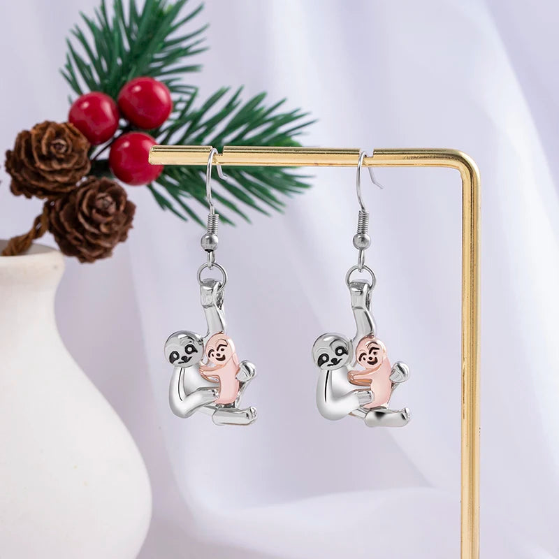Two-Tone Sloth Mom and Baby Pendant & Earrings Set
