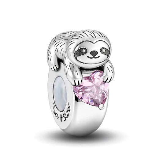 Sterling Silver Sloth With Pink Heart Bead Charm