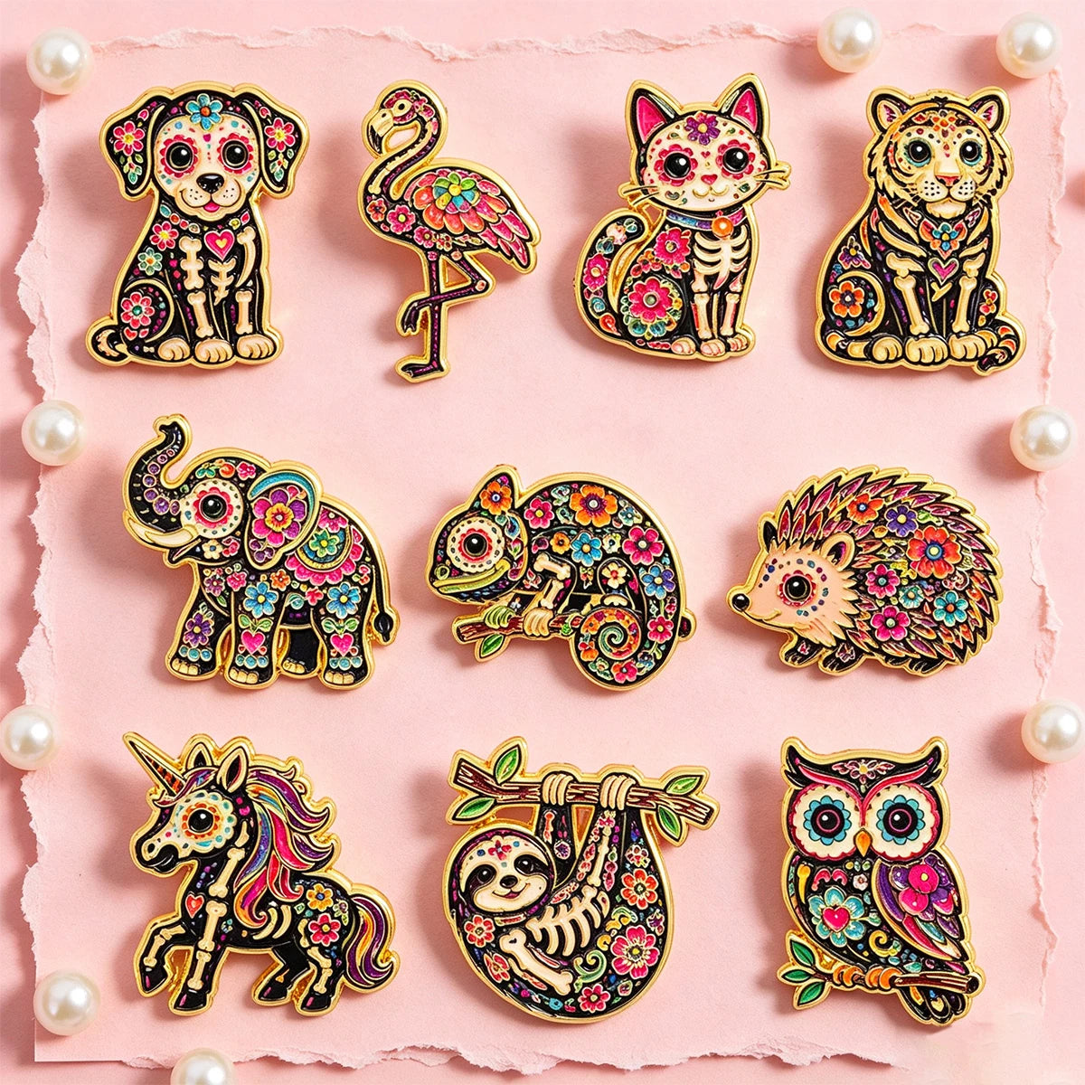 10 Piece Mexican Floral Skeleton Pin Badges