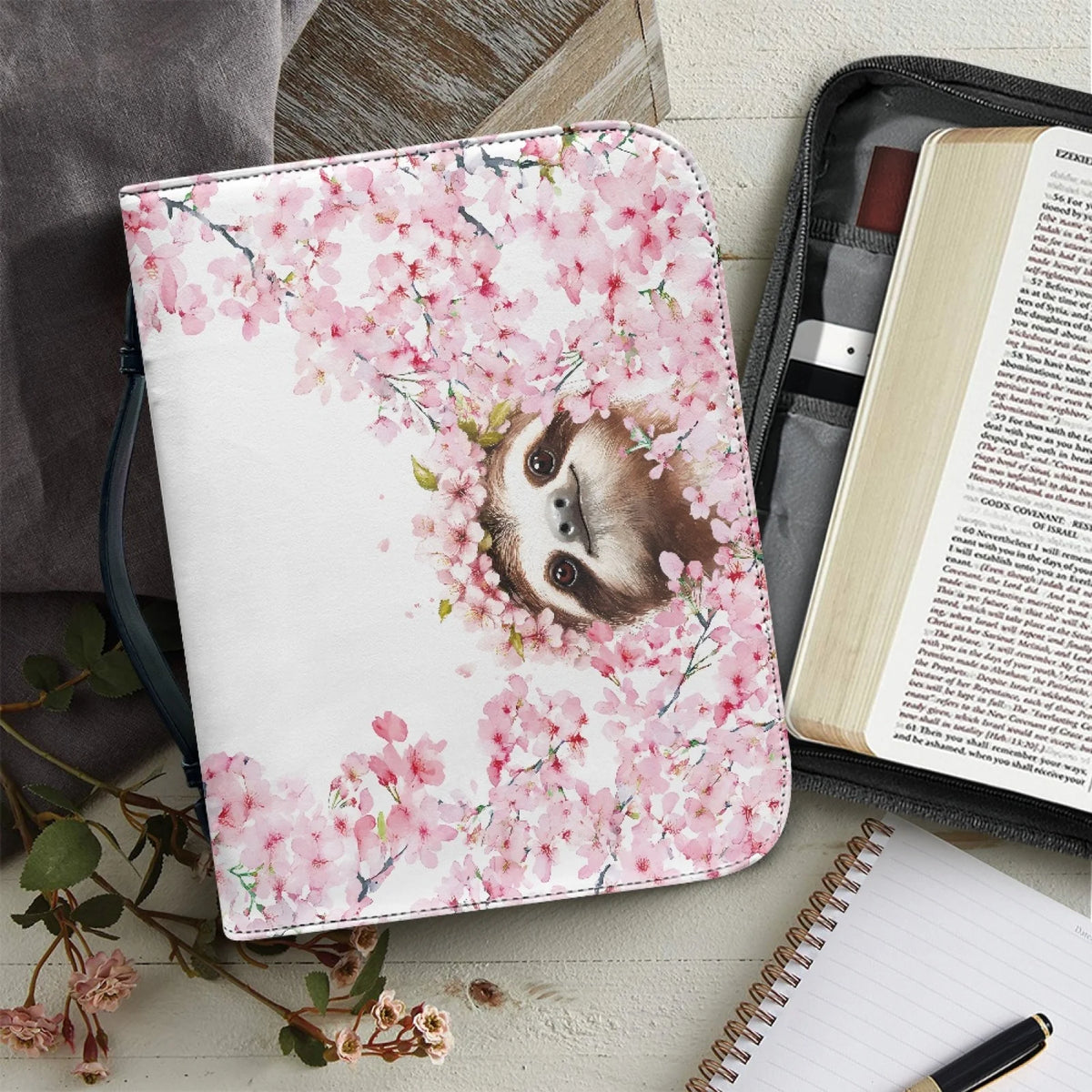 Sakura Sloth Pink Leather Protective Bible Cover