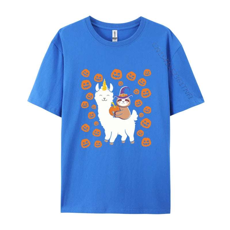 Sloth Wizard Riding Llama with Pumpkins T-shirt