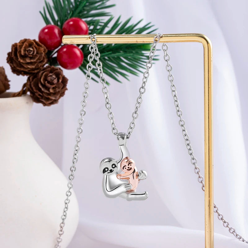 Two-Tone Sloth Mom and Baby Pendant & Earrings Set