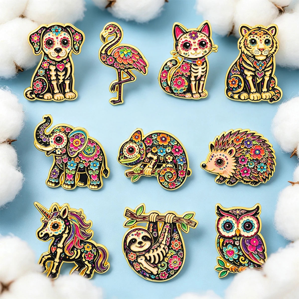 10 Piece Mexican Floral Skeleton Pin Badges