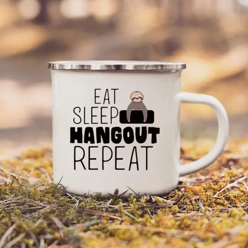 Eat Sleep Hangout Repeat Sloth Enamel Mug