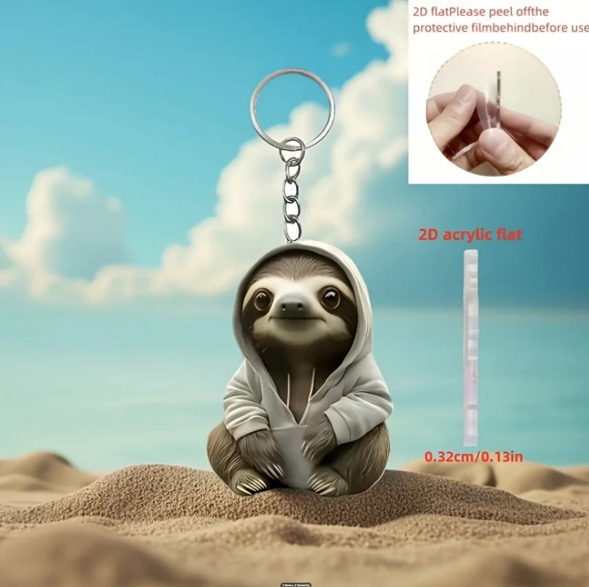 2D Sloth In Hoodie Keychain