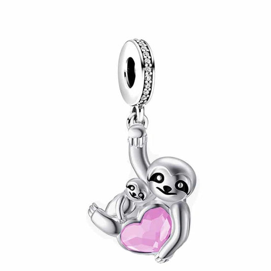 Sterling Silver Sloth & Baby Pink Heart Charm