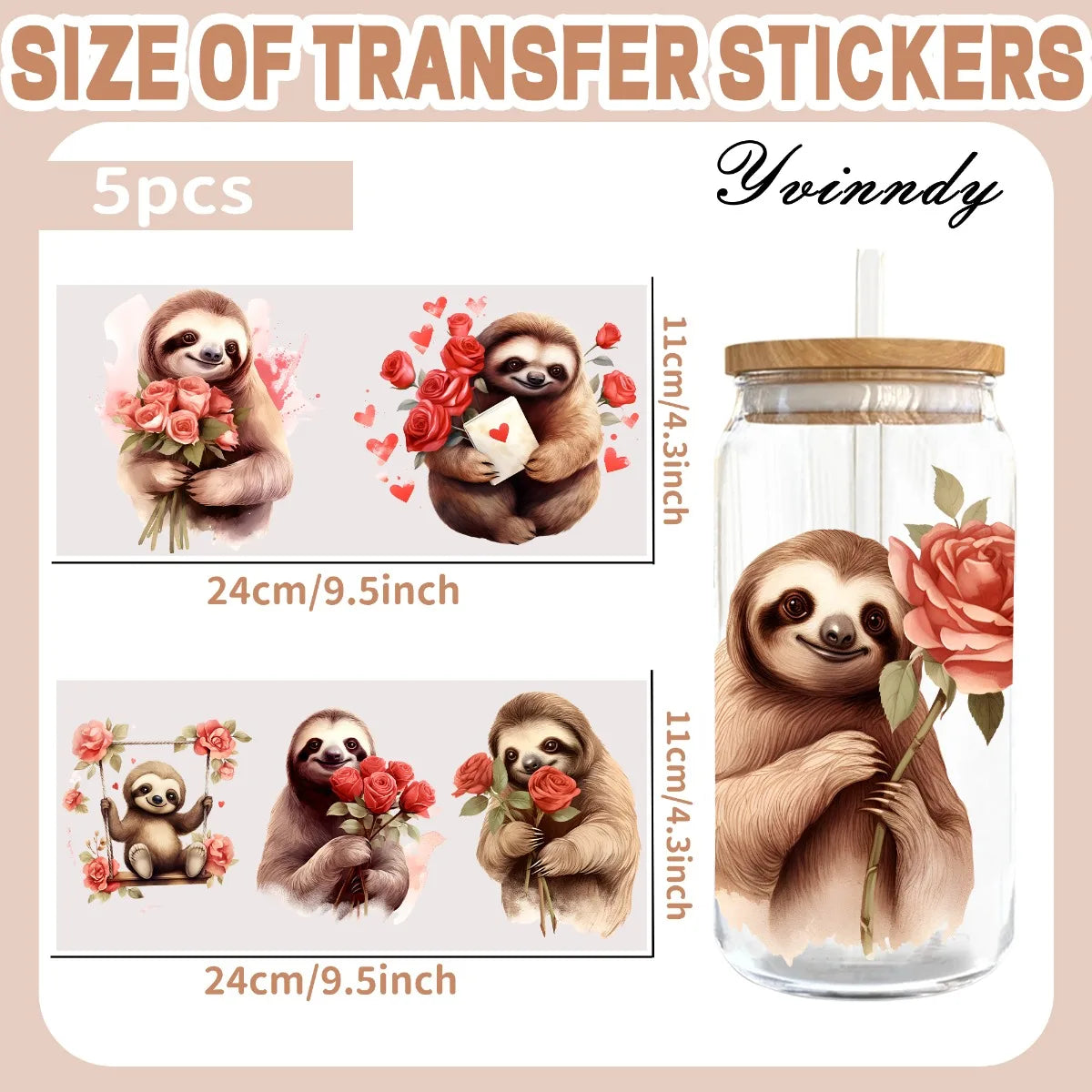 Valentine Sloth Transfer Stickers