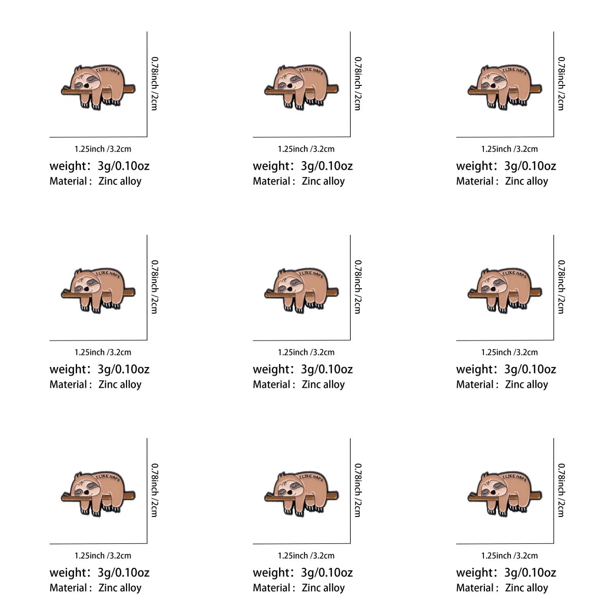 9 Piece I Like Naps Sloth Pin Badge