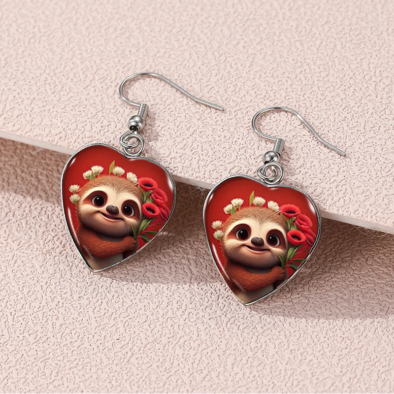 Red Sloth Dangle Heart Earrings