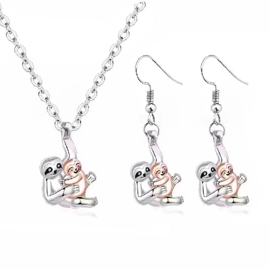 Two-Tone Sloth Mom and Baby Pendant & Earrings Set