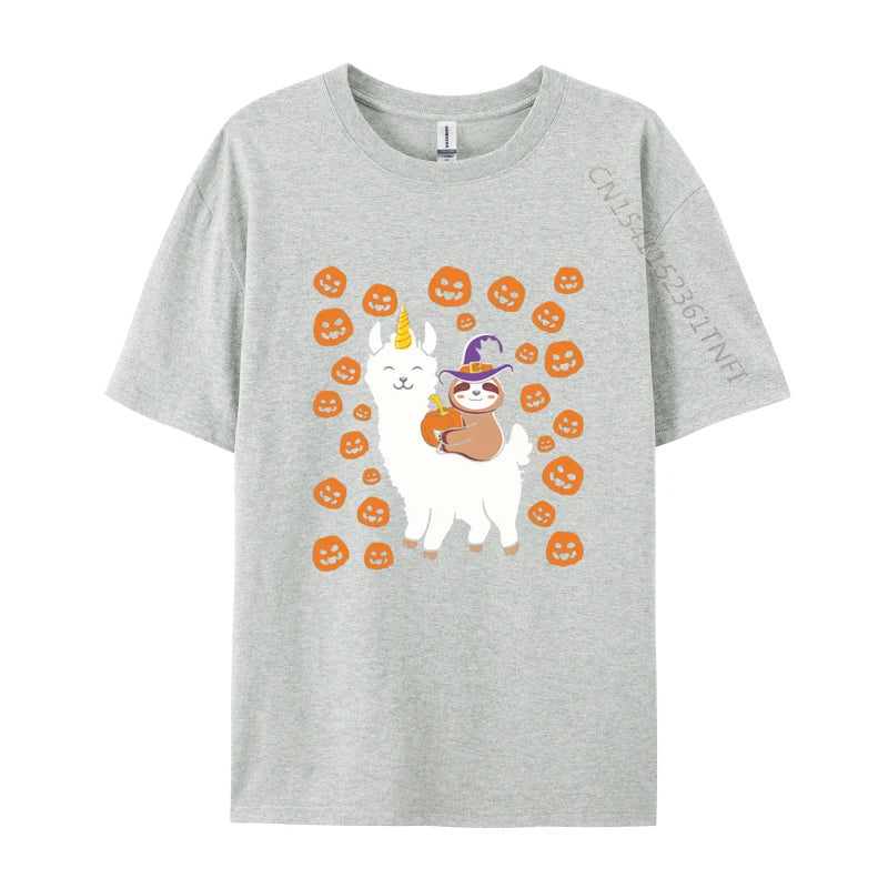 Sloth Wizard Riding Llama with Pumpkins T-shirt