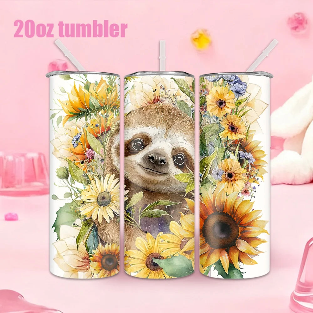 Sloth Sunflower Tumbler With Straw and Lid