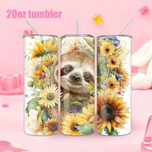 Sloth Sunflower Tumbler With Straw and Lid