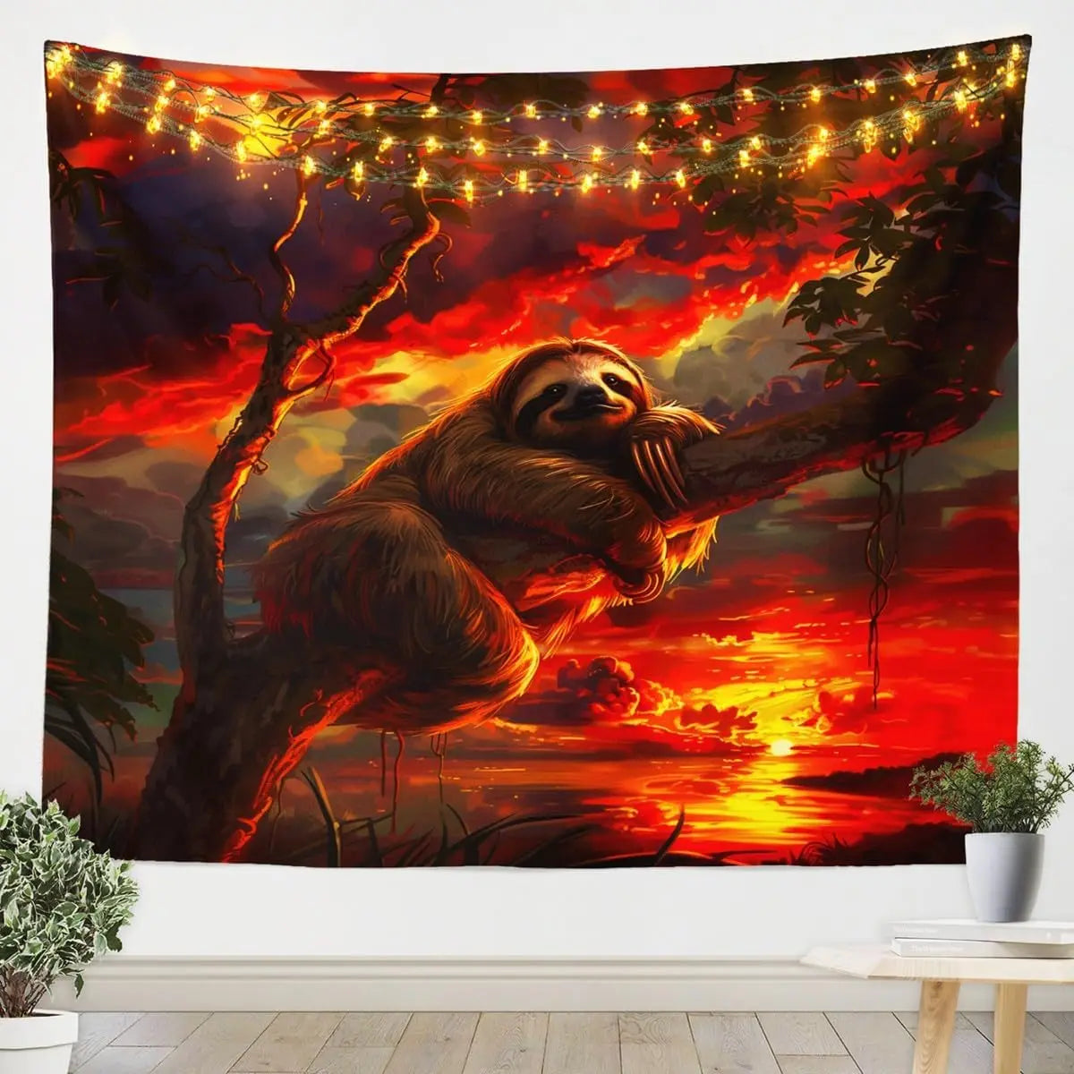 Crimson Sunset Sloth Wall Art Tapestry