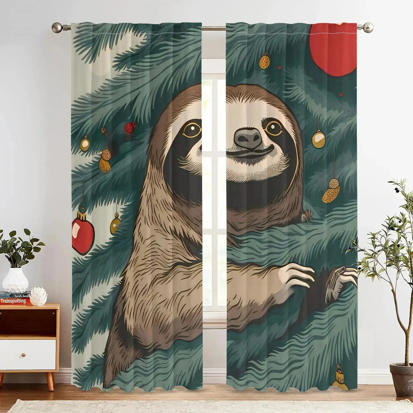 Vintage Sloth Christmas Curtains