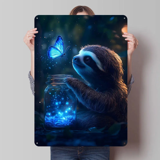 Glowing Butterfly & Sloth Fantasy Metal Wall Art