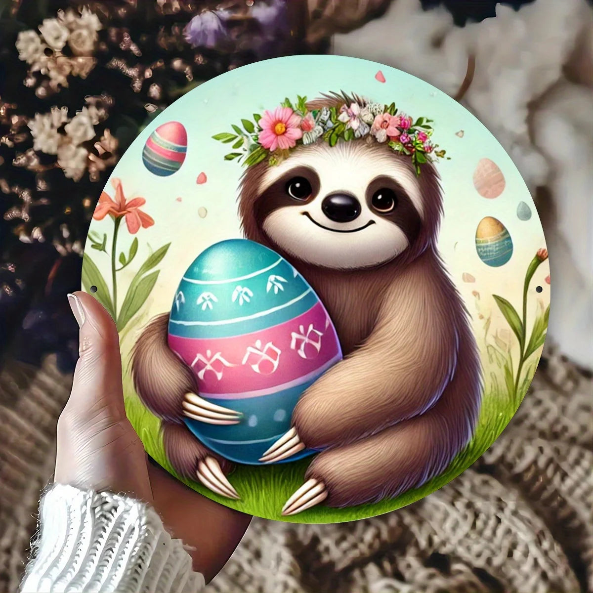 Easter Sloth 8x8 Inch Round Metal Sign