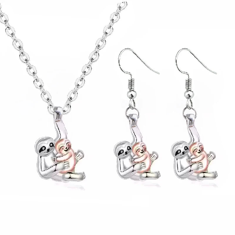 Two-Tone Sloth Mom and Baby Pendant & Earrings Set