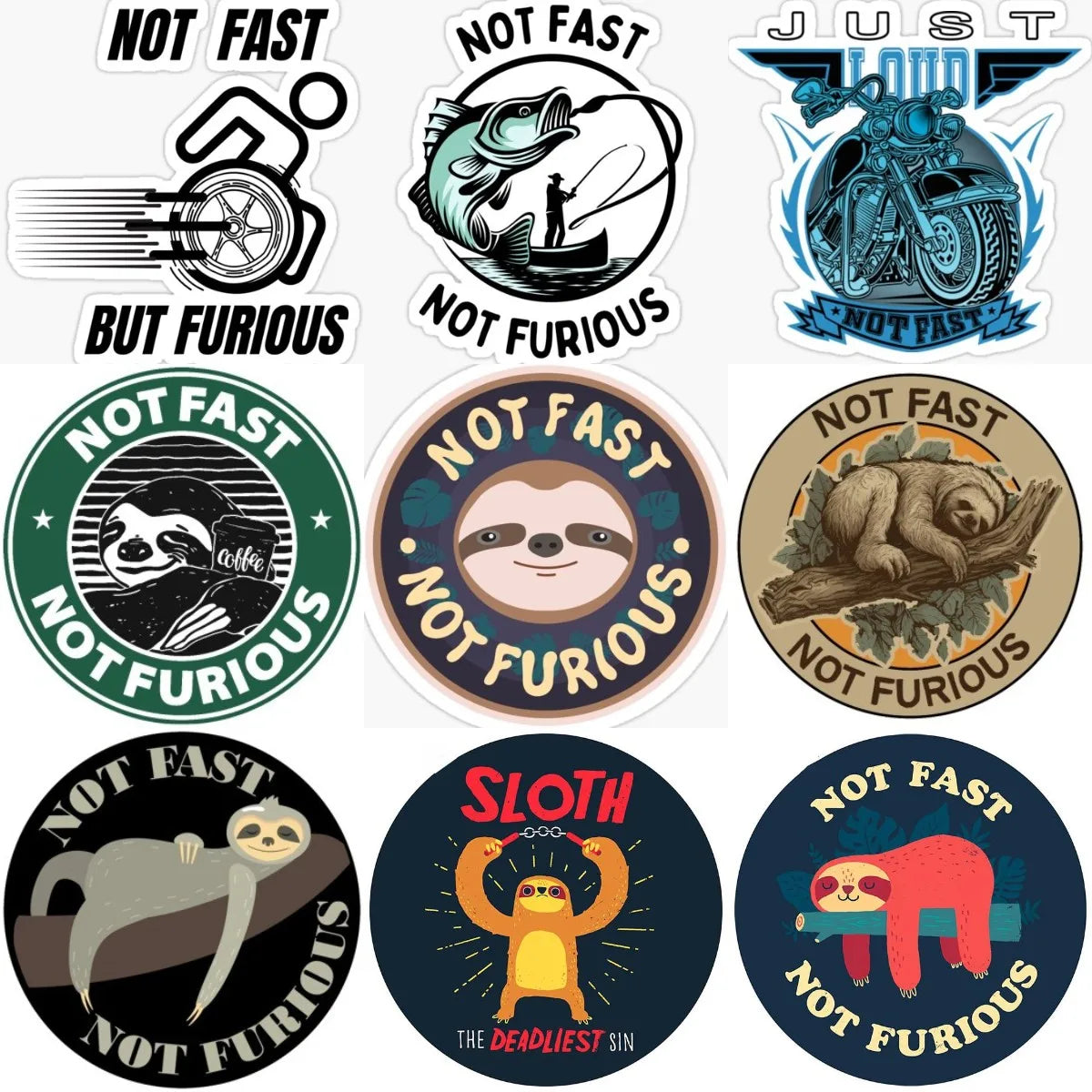 Not Fast Not Furious Sloth Fishing Creative Badge Sticker Motorcycle Laptop Car Truck Bicycle Off-road Racing Helmet Wall Decal